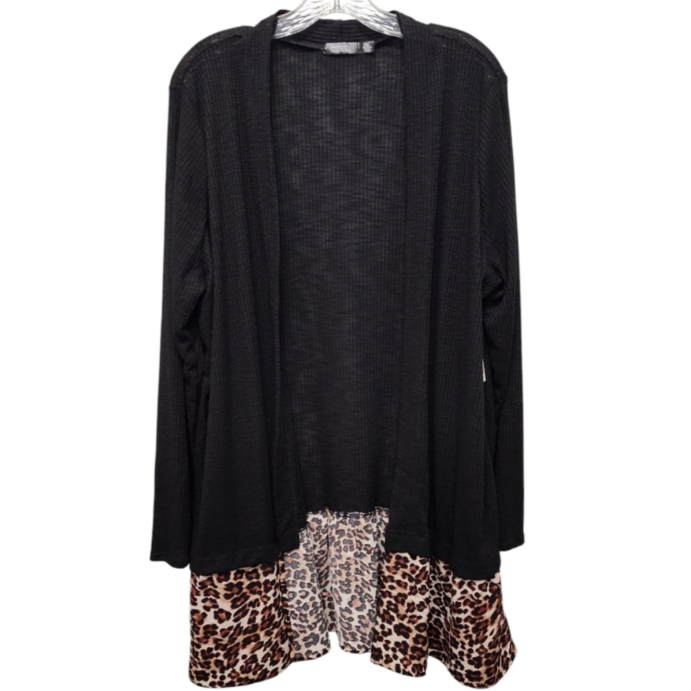 CURE Black Ribbed and Leopard Print Open Front Cardigan Sweater Size 2XL